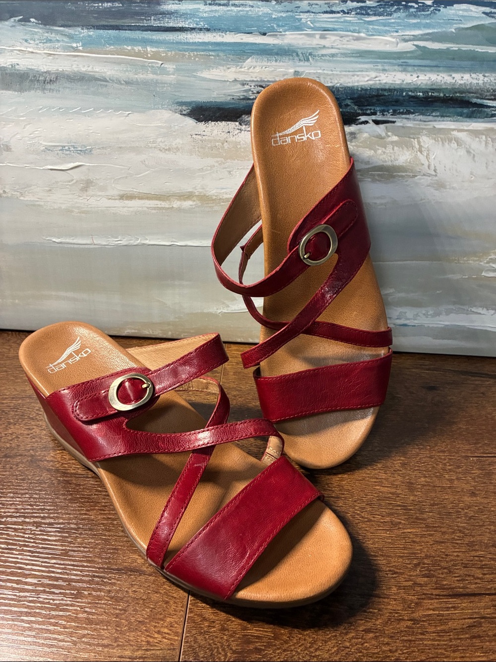 Dansko Women's Red Leather Multi-Strap Wedge Sandals